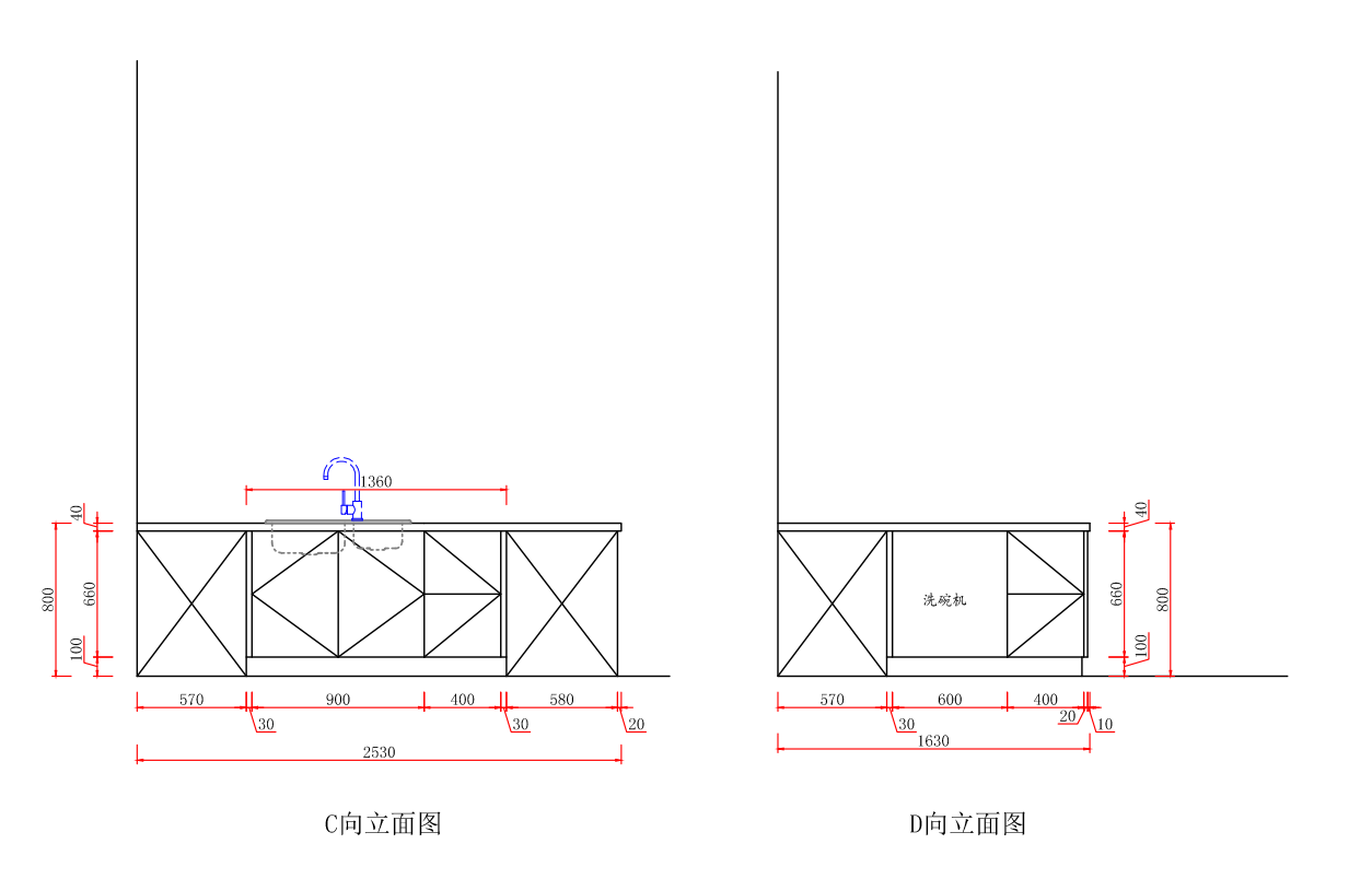 建荣邹总家不锈钢橱柜 C向D向立面图，展示水槽柜与洗碗机柜立面结构