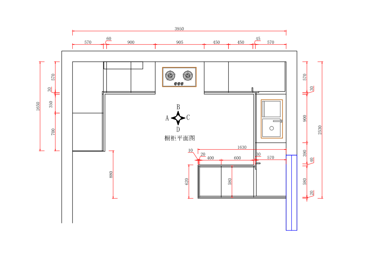 建荣邹总家不锈钢橱柜 CAD 平面图，L型布局总长3950mm，含水槽、集成灶、洗碗机位置